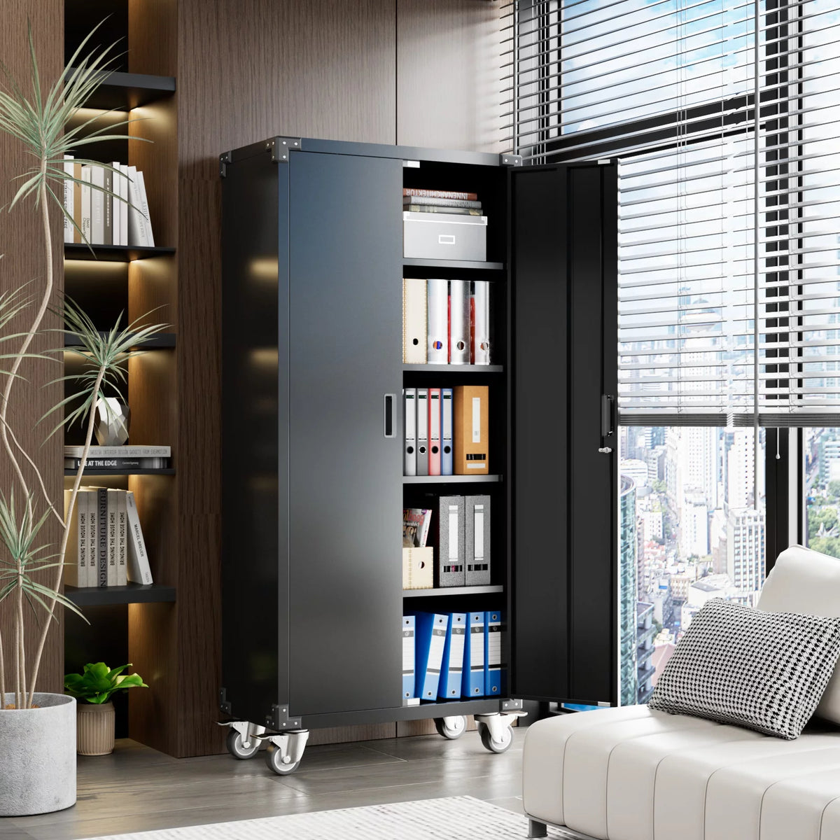 Metal Storage Cabinet with Lock, 72In Steel Storage Cabinet with Wheels, Black Y568464