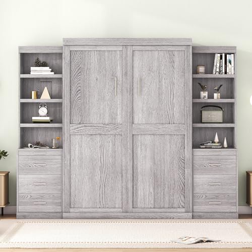 White+Walnut Queen Size Solid Pine Murphy Bed Chest with Storage Drawer M10157