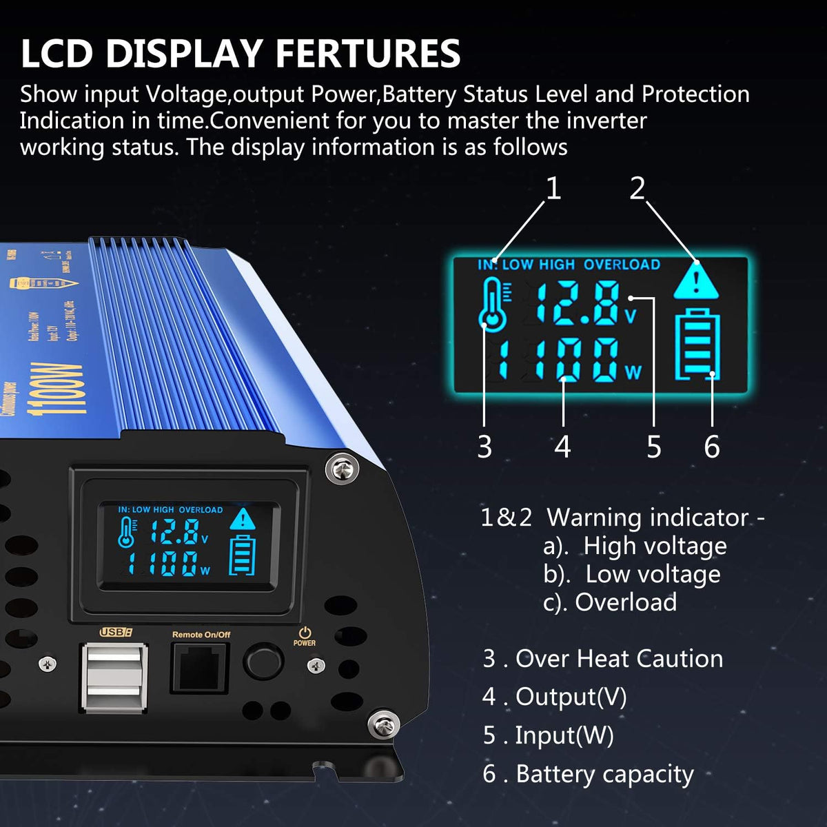 1100 watt DC 12V to AC 120V Modified Sine Wave Inverter with LCD Display Remote Control 2AC Outlets Dual 2.4A USB Ports L83245