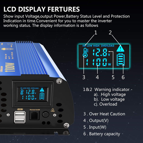 1100 watt DC 12V to AC 120V Modified Sine Wave Inverter with LCD Display Remote Control 2AC Outlets Dual 2.4A USB Ports L83245