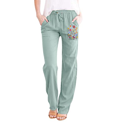 Linen Pants with Pockets Elastic High Waist I5995