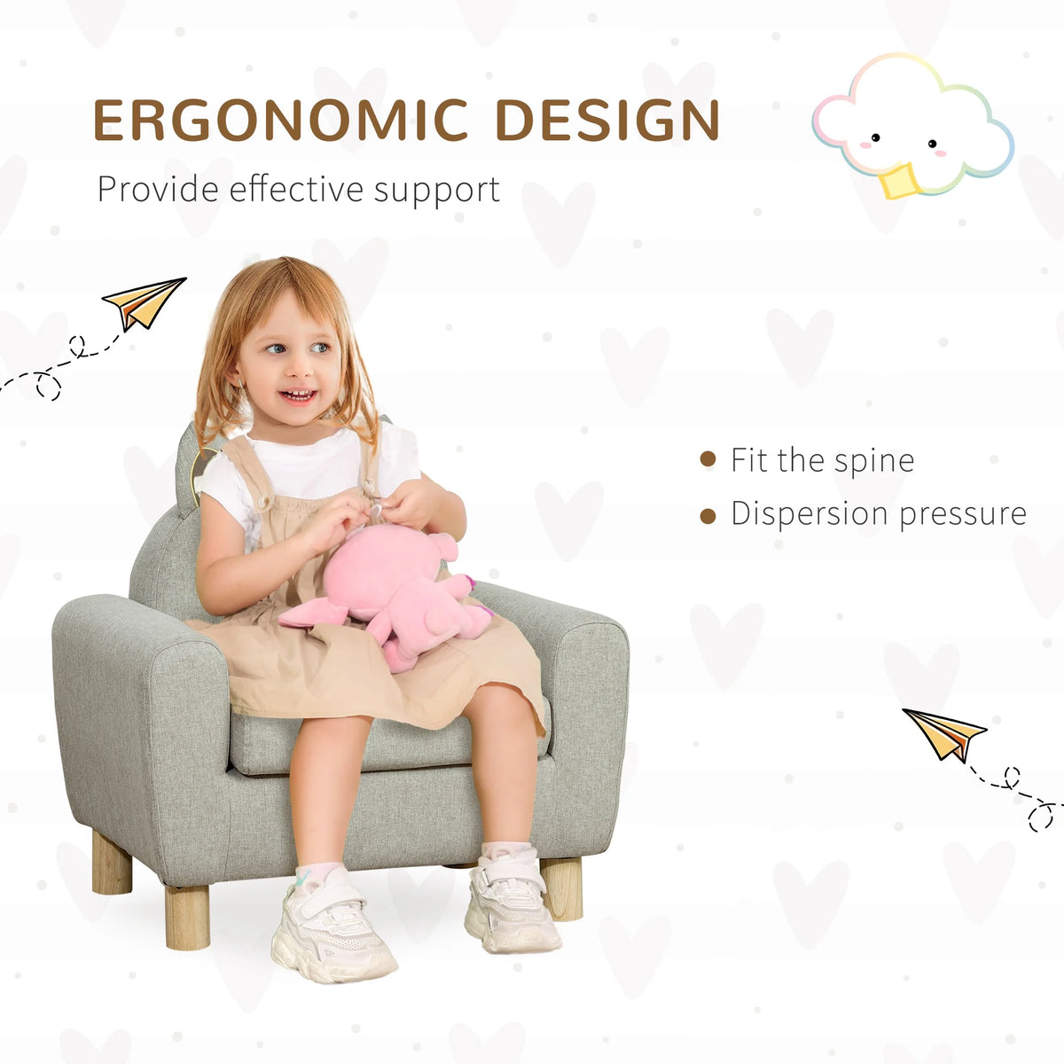Grey Kids Sofa with Cat Ear Backrest and Wooden Legs P4125
