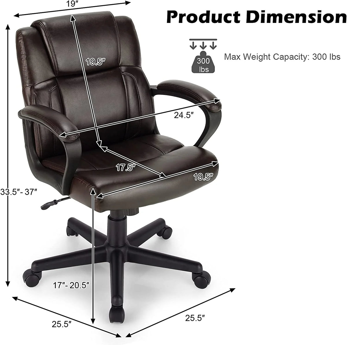 Dark Brown Leather Ergonomic Mid Back Office Chair S3483