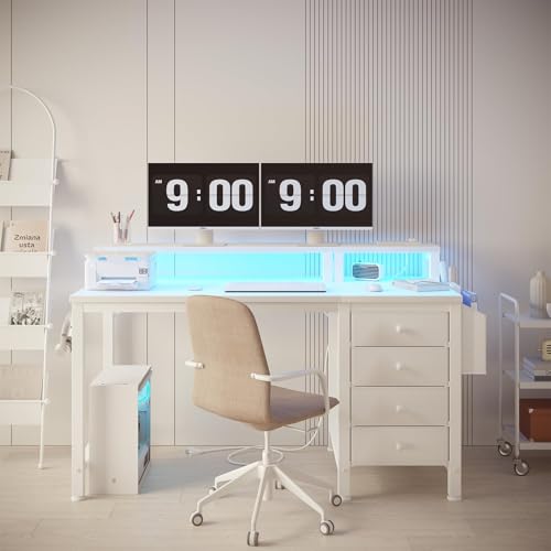 47 inch Gaming Desk with LED Lights and Power Outlets and Fabric Drawers O3340