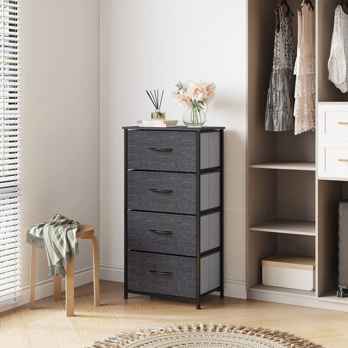 4 Drawers Dresser Storage Tower Black Grey E3423