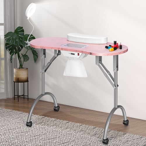 Portable Manicure Nail Table with Dust Collector, LED Lamp, Carry Bag, White J464