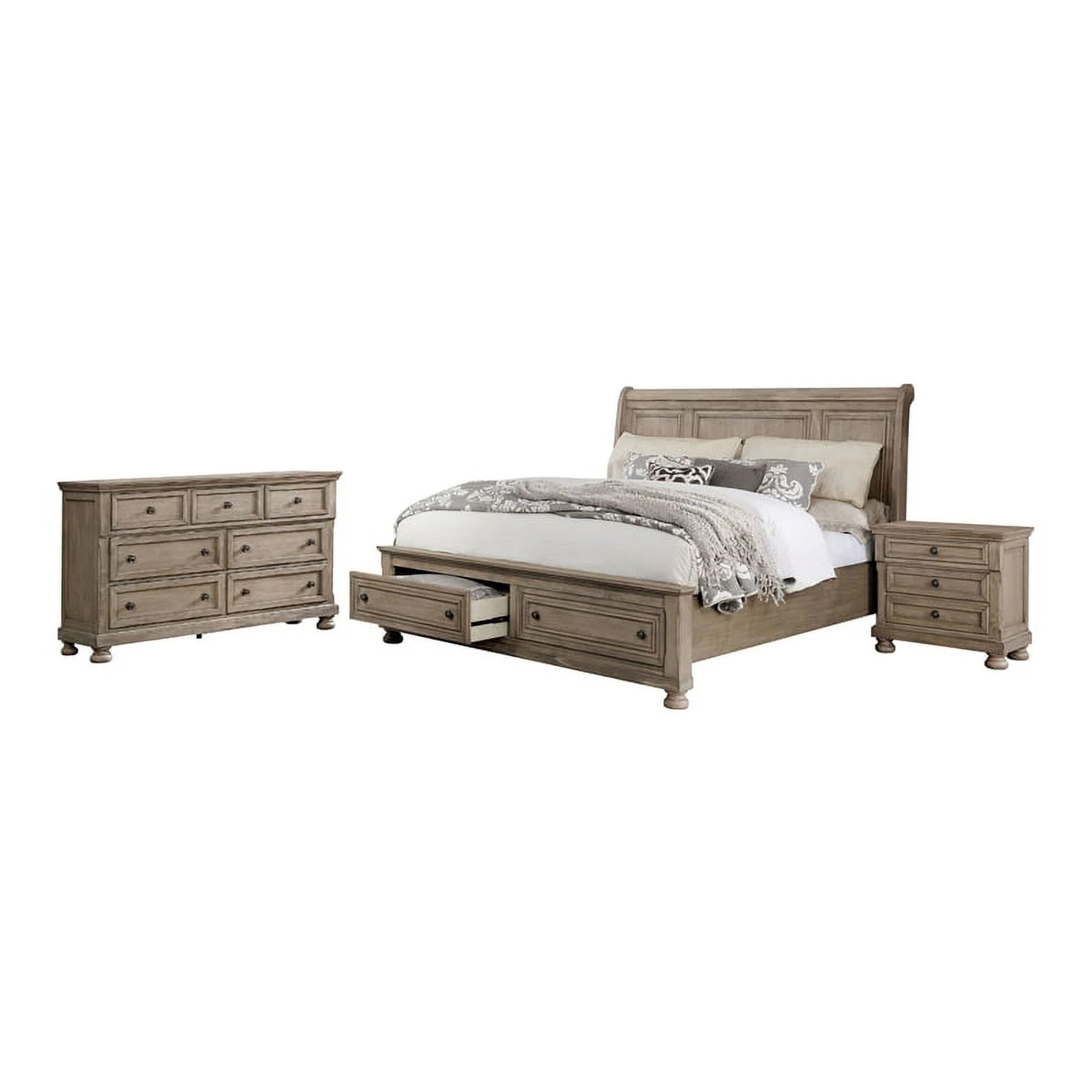 3-Piece Gray Wood Bedroom Set King Nightstand Dresser V89510