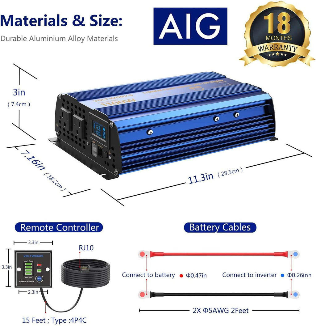 1100 watt DC 12V to AC 120V Modified Sine Wave Inverter with LCD Display Remote Control 2AC Outlets Dual 2.4A USB Ports L83245