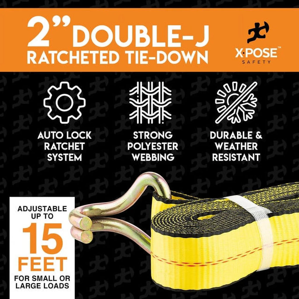 2 Inch x 15 Foot Ratchet Tie Down Straps with Double J Hooks C738536