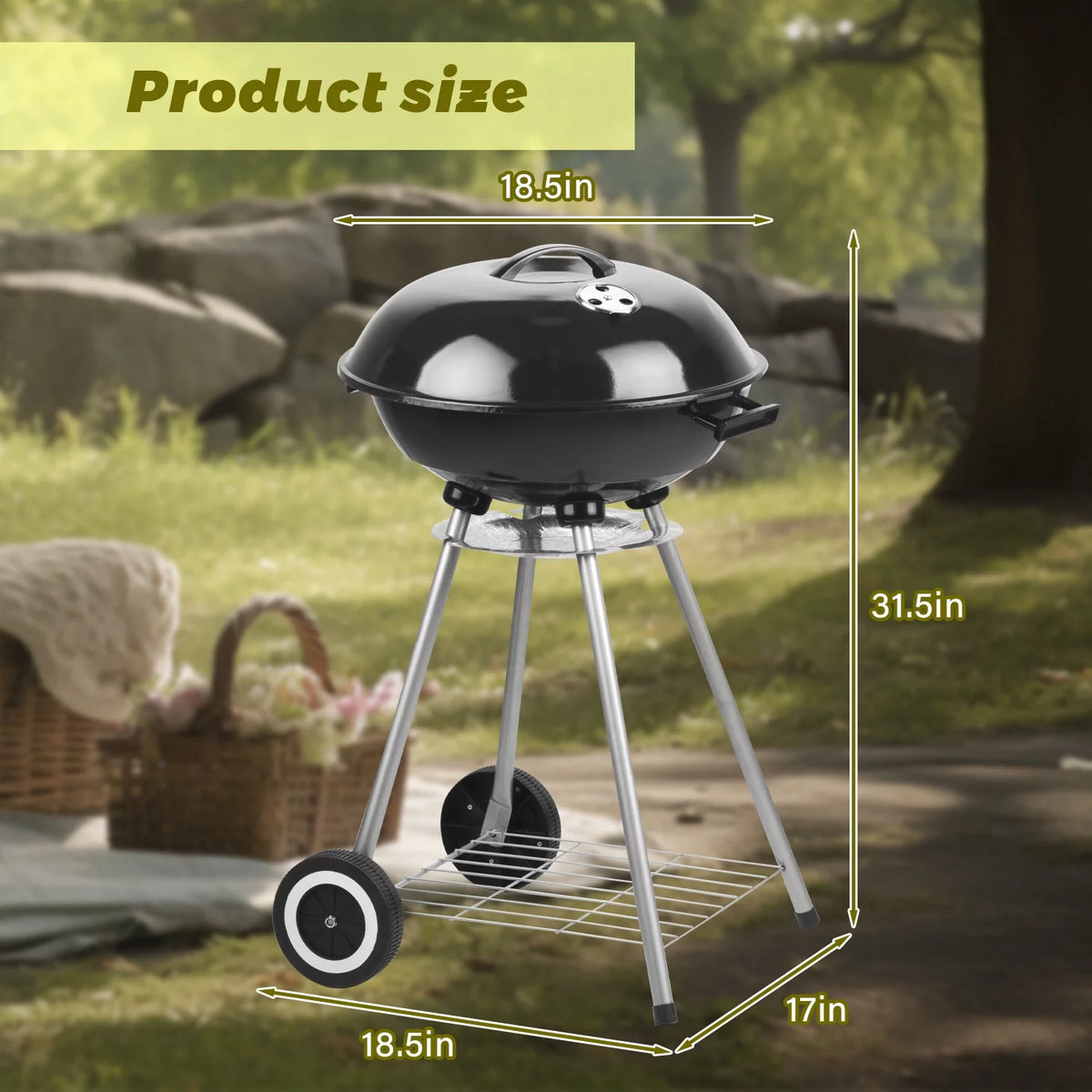 Charcoal Grills, Portable BBQ Kettle Grill, Heavy Duty Coal Grills, Black Y28892