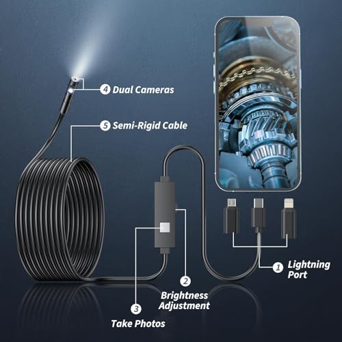 1920P HD Borescope with 8 Adjustable LED Lights, 16.4ft Semi-Rigid Snake Camera V575828