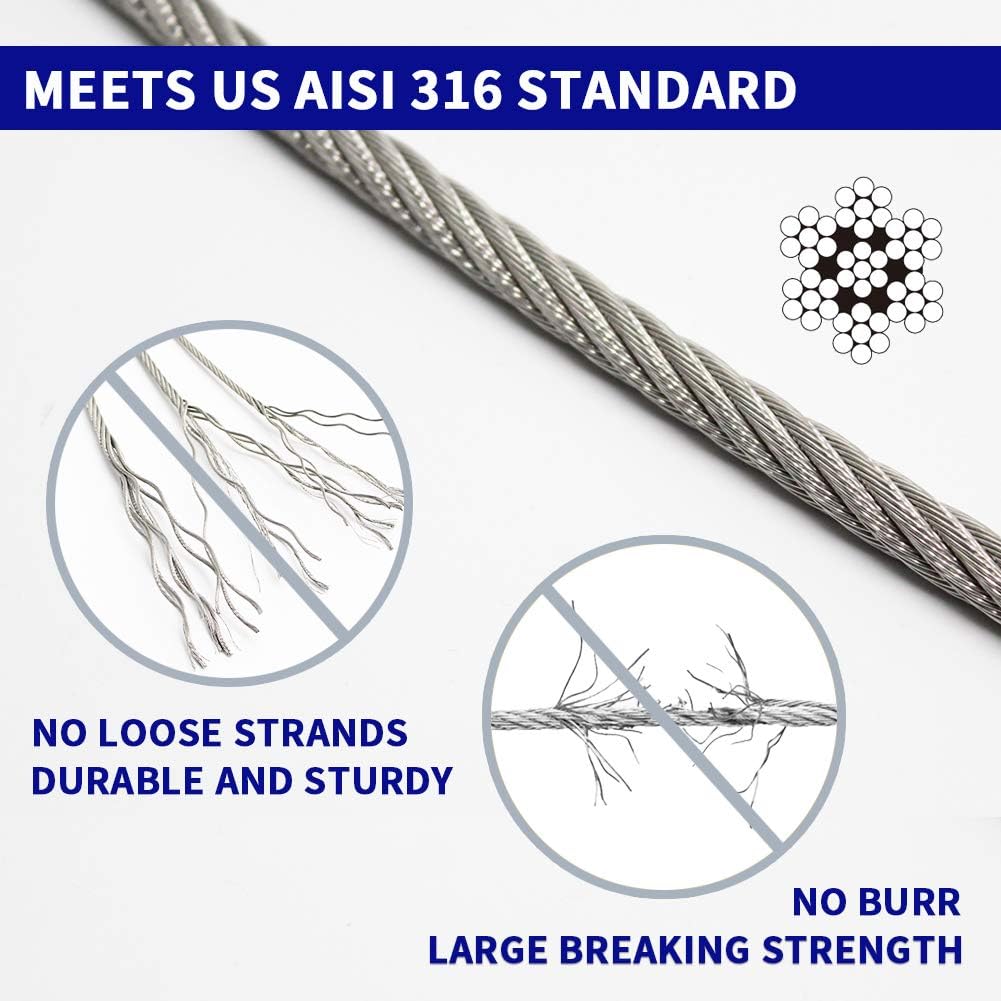 1/8 T316 Stainless Steel Cable with Cutter, 600FT 7 x 7 Strands Wire Rope G6946