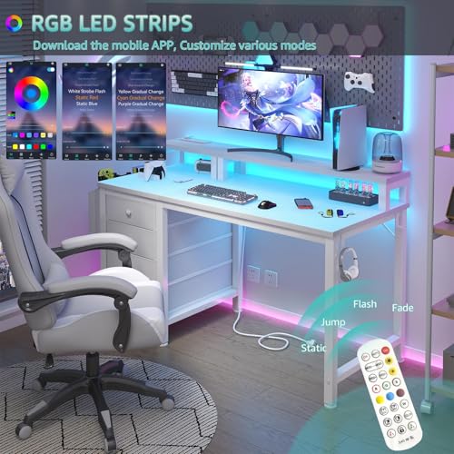 47 inch Gaming Desk with LED Lights and Power Outlets and Fabric Drawers O3340