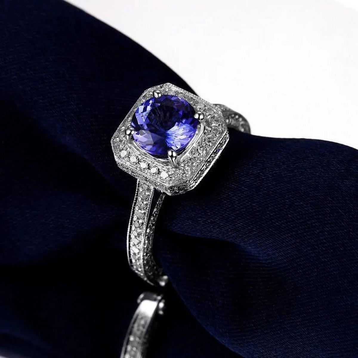 2 Carat Antique Halo Split Shank 6mm Round Cut Engagement Ring with Blue Sapphires and Moissanite in 10k White Gold V193343