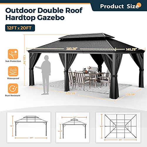 12' x 20' Galvanized Steel Aluminum Gazebo with Curtains and Netting (Gray) S852