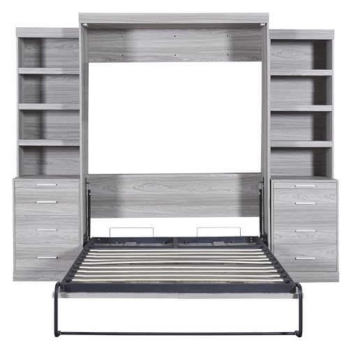 White+Walnut Queen Size Solid Pine Murphy Bed Chest with Storage Drawer M10157