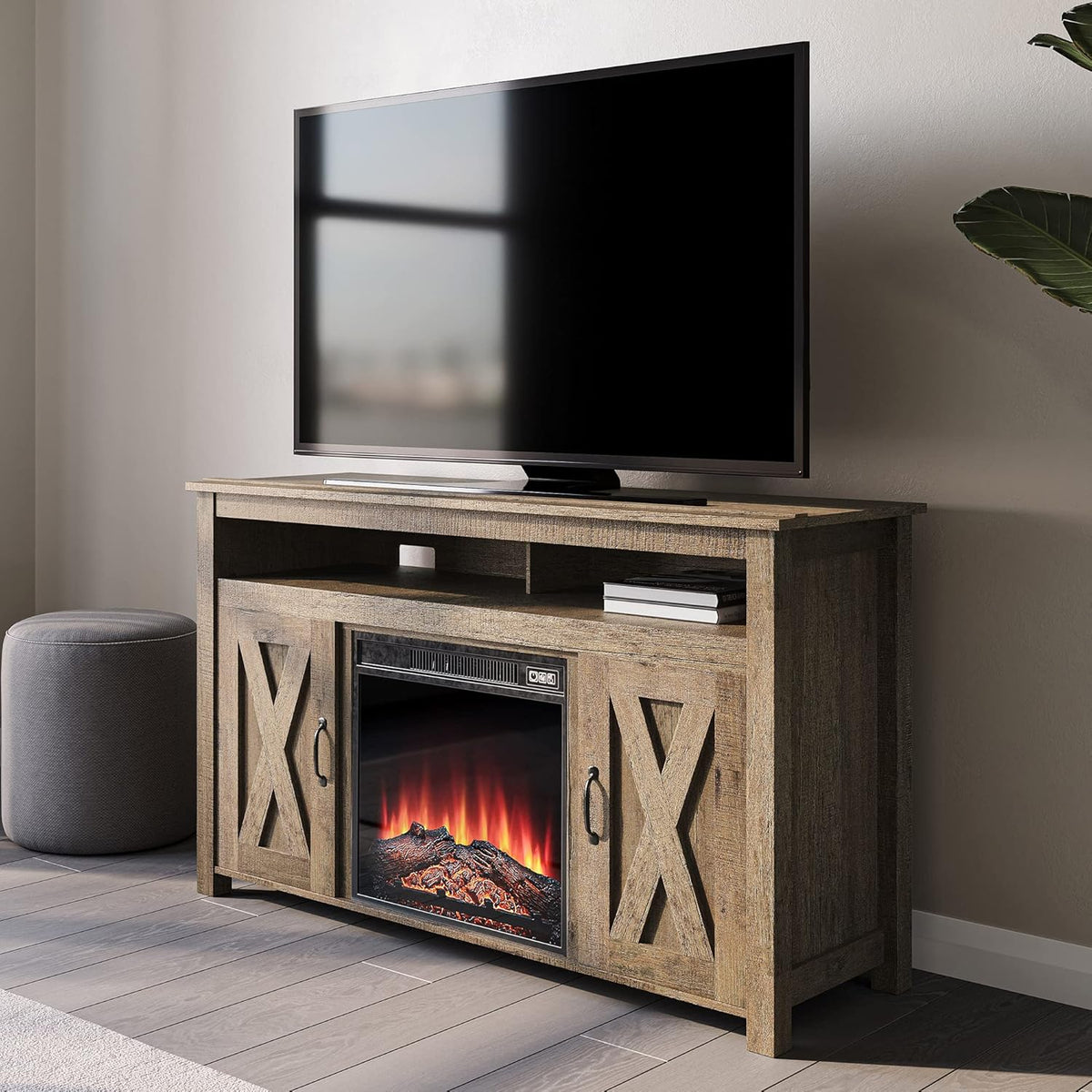 Wood TV Stand with Open Shelves and Cabinets D4426