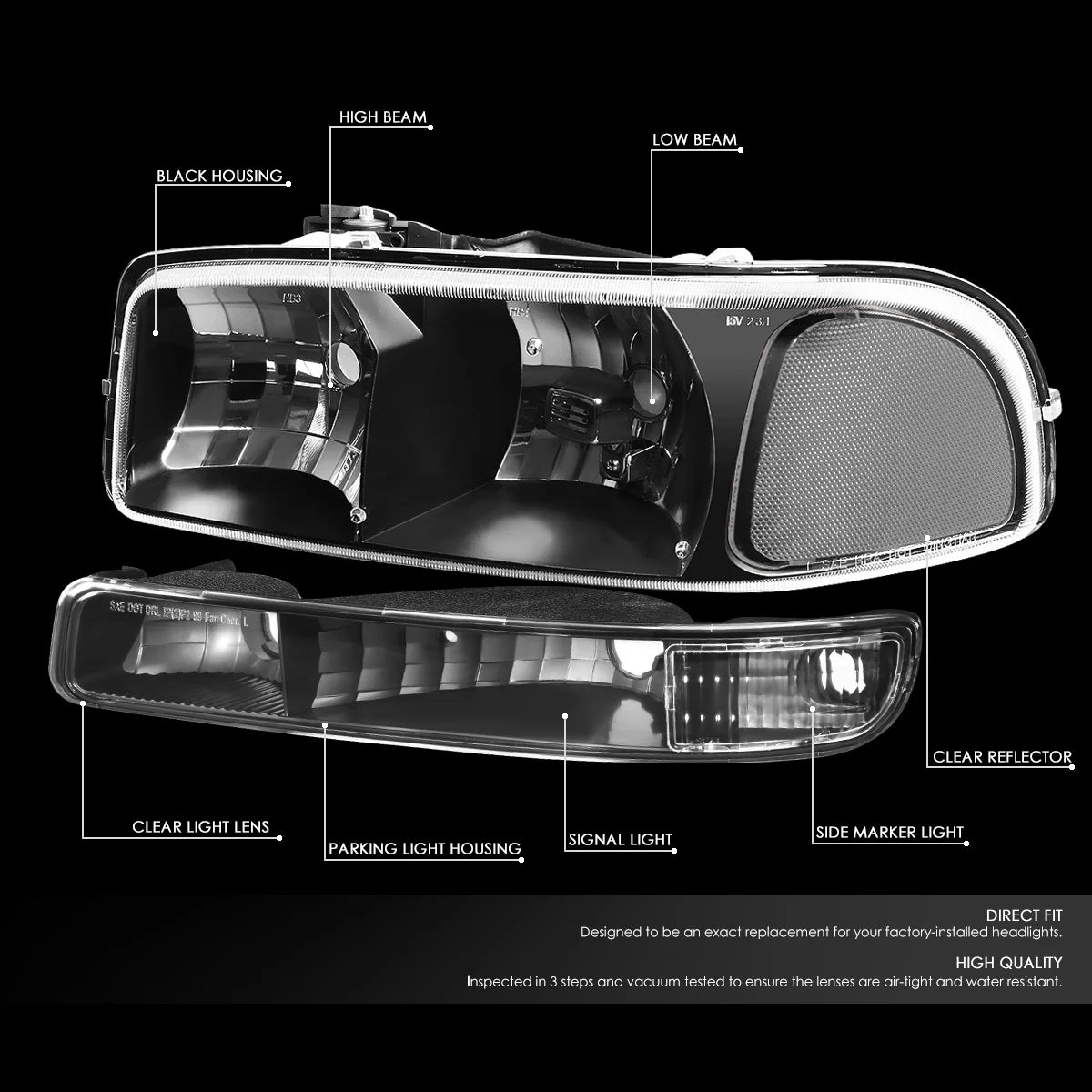 Black Housing Headlight and Clear Corner Bumper Light J6840