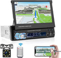 Single Din Car Stereo with Bluetooth, 7 Retractable Touch Screen Car Radio Receiver with Backup Camera T3139