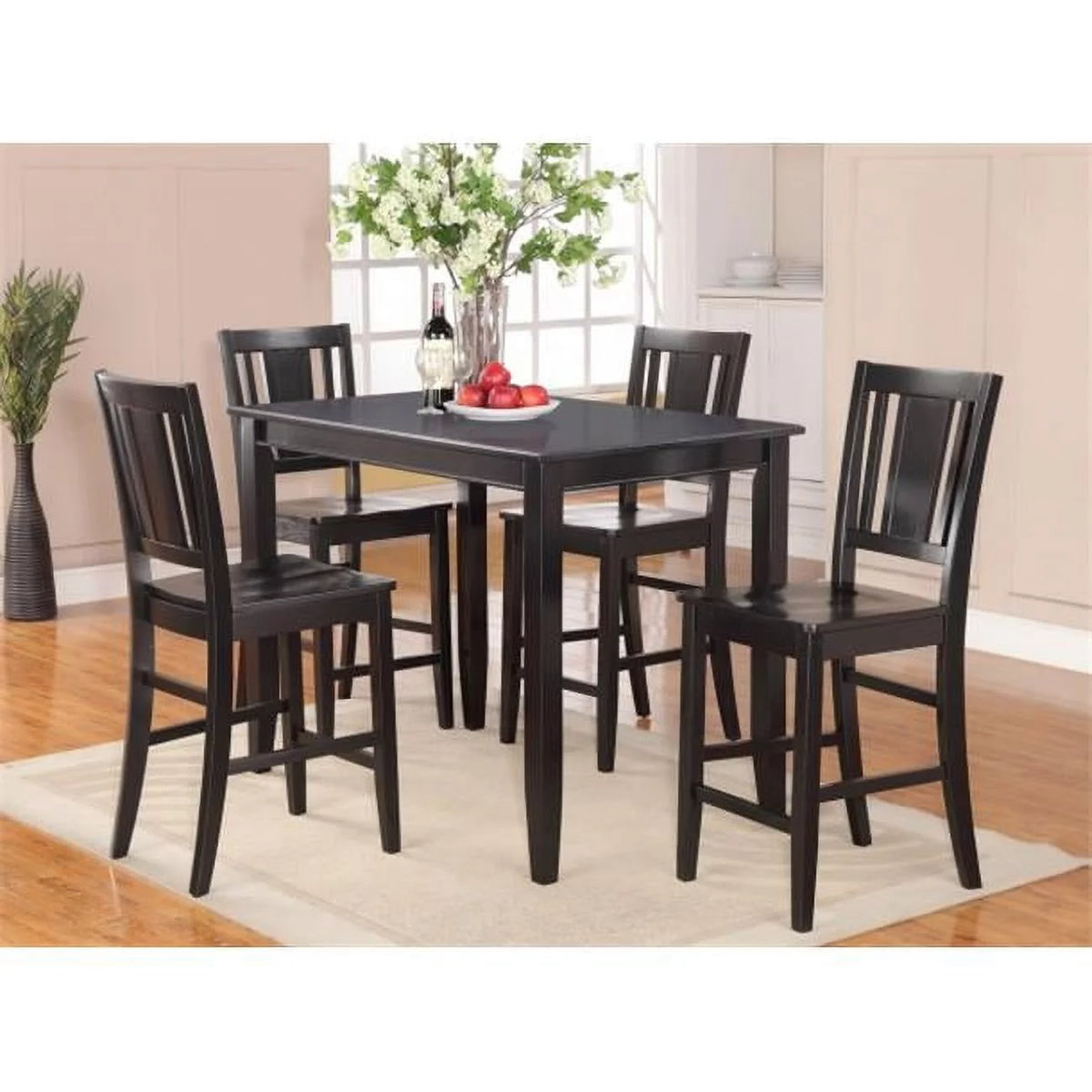 5 Pc Counter Height Table & 4 Stools with Wood Seat in Black Finish I3159