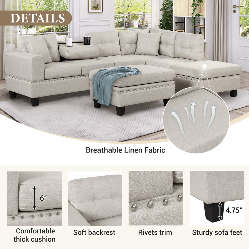 Light Gray Sectional Sofa with Storage Ottoman and Cup Holder P394929
