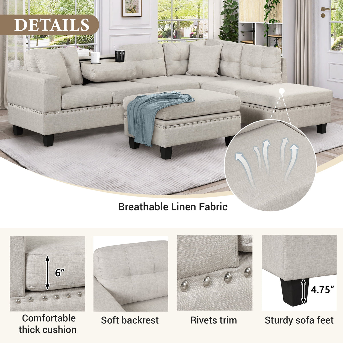 Light Gray Sectional Sofa with Storage Ottoman and Cup Holder P394929