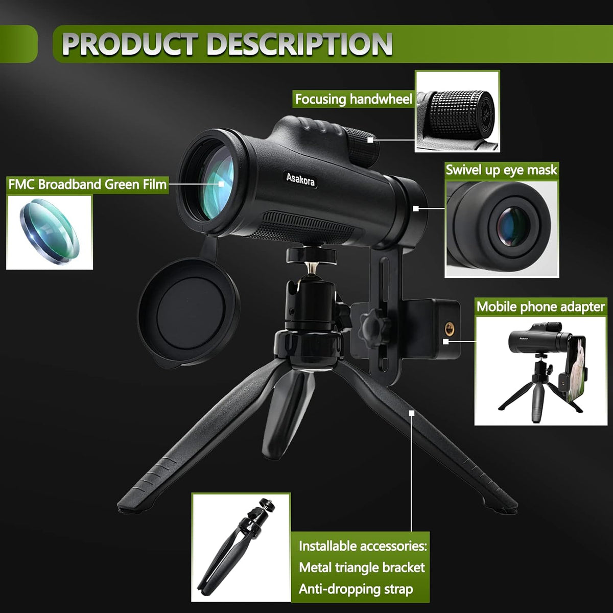12x50 Waterproof Monocular with Smartphone Adapter & Tripod Y892199