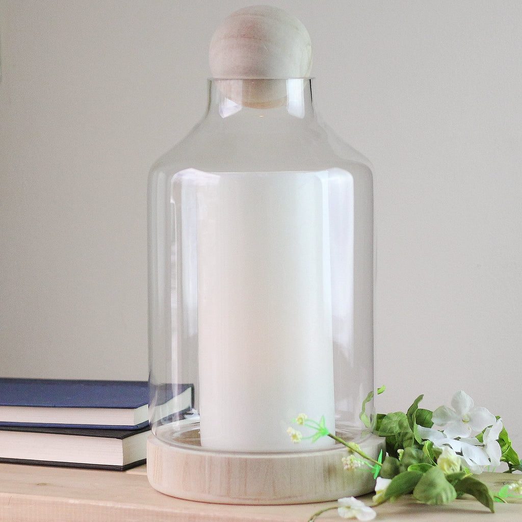 14" Transparent Glass Hurricane with Wooden Lid and Base I1705