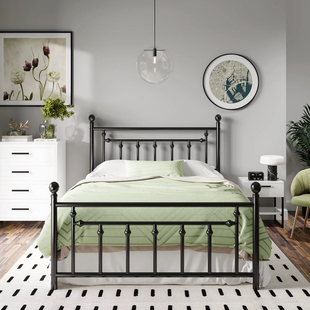 Full Size Black Iron Bed Frame with Headboard and Footboard O8103