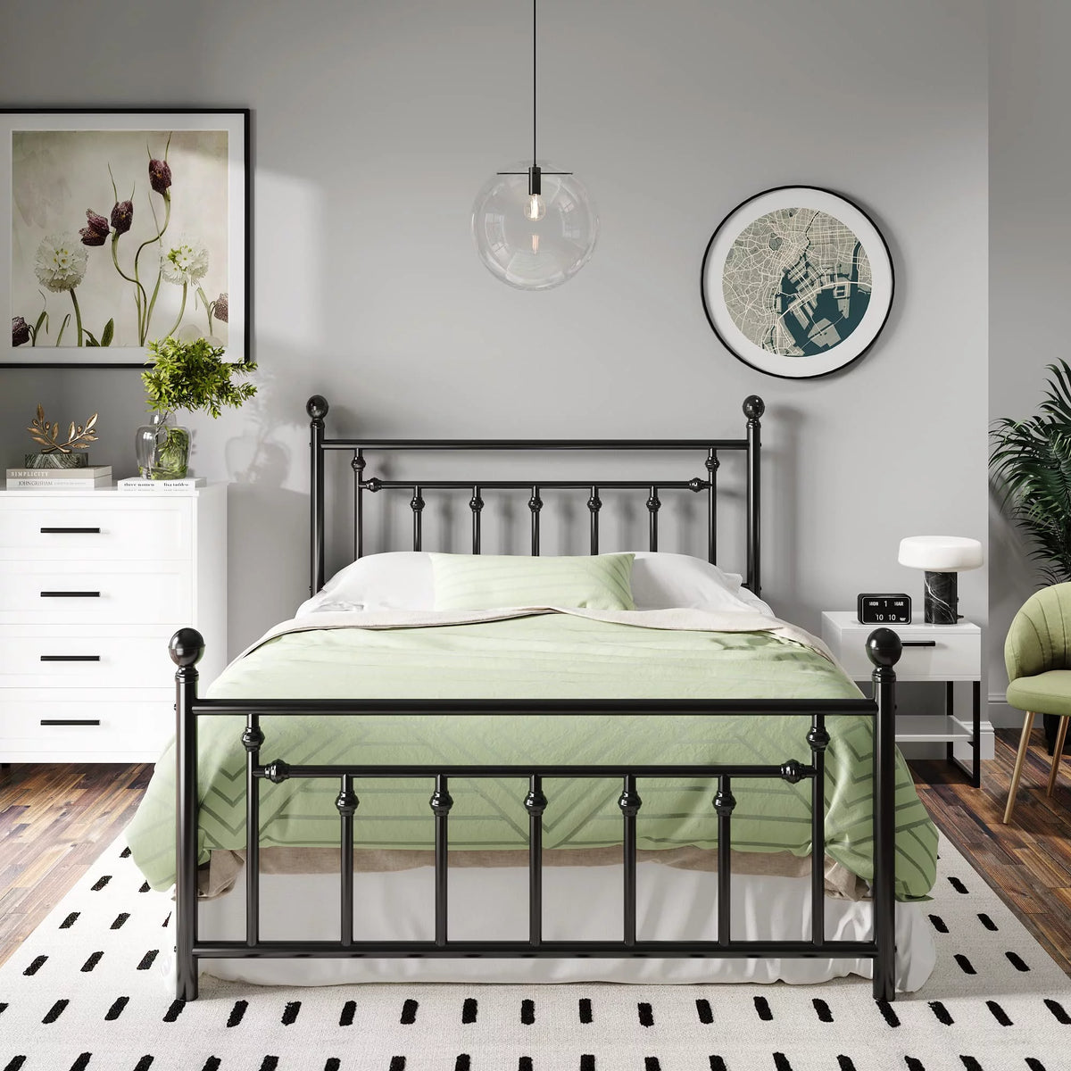 Full Size Black Iron Bed Frame with Headboard and Footboard O8103