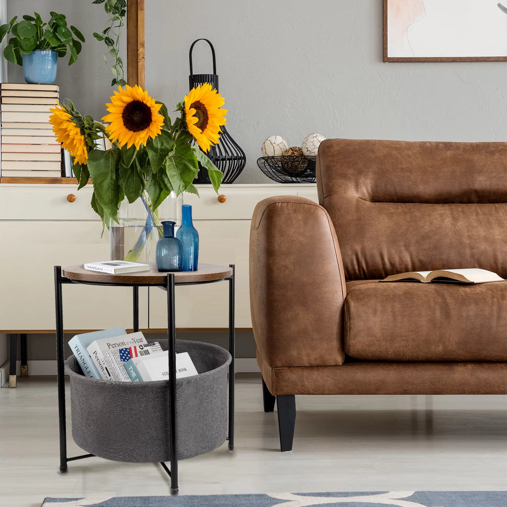 Round Side End Table with Fabric Storage Basket B74617