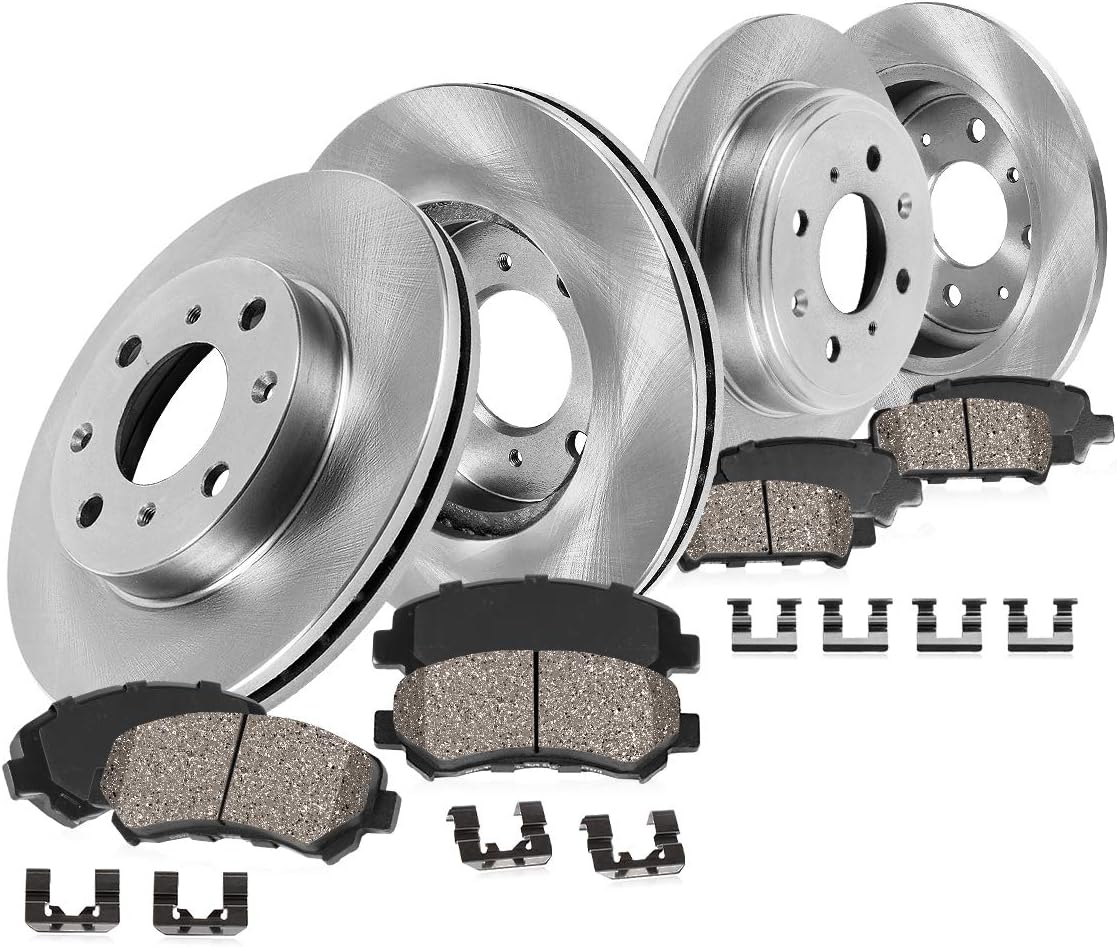 256mm Front + 258mm Rear 4Lug Rotors + Brake Pads + Clips H4100