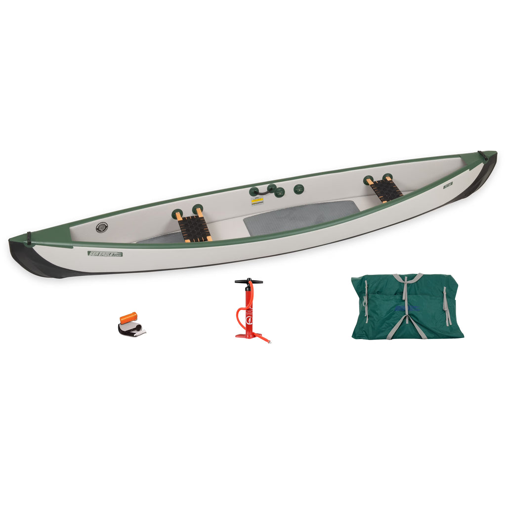 Inflatable 16’ High Pressure Drop Stitch Travel Canoe with Wood Web Seats, Pump, Bag Y44133
