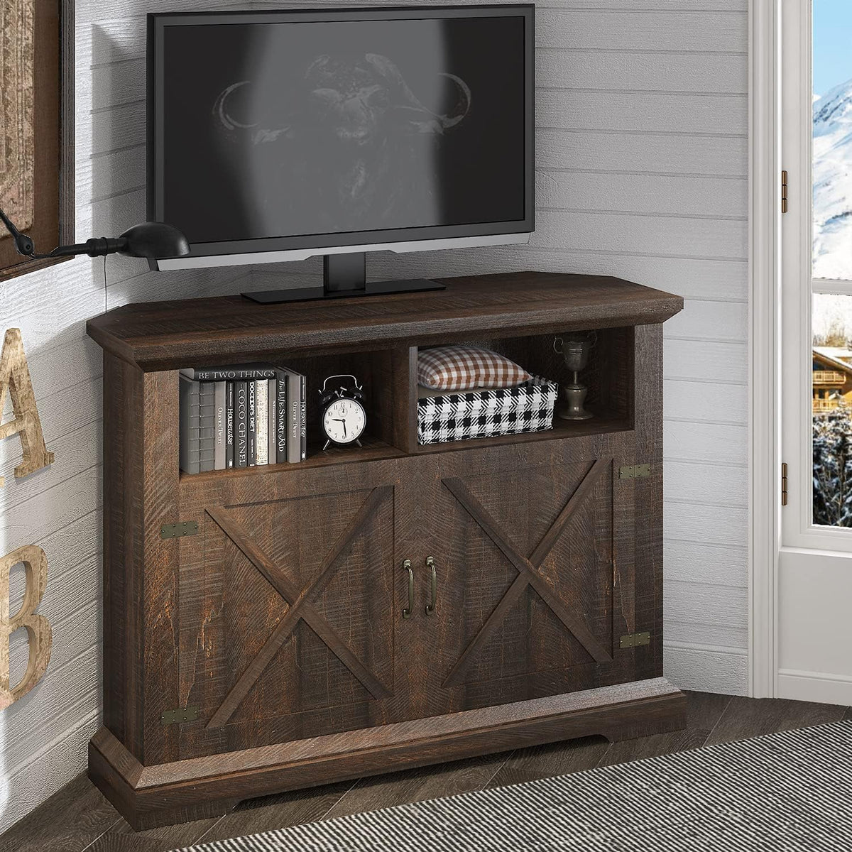 Rustic Oak Corner TV Stand with Storage Cabinets A1625
