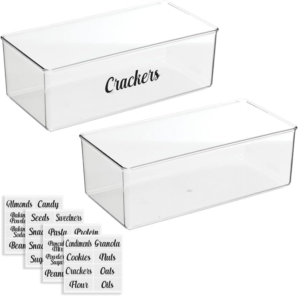 Deep Plastic Kitchen Storage Organizer Container Bin with 32 Pantry Identification Labels & Handles, 12 Long, Set of 2 Bins, Clear C35824