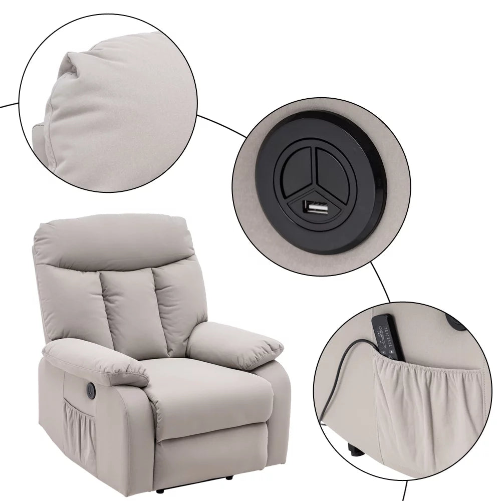 Electric Lift Recliner Massage Sofa Chair with Remote Control Silver White M761366