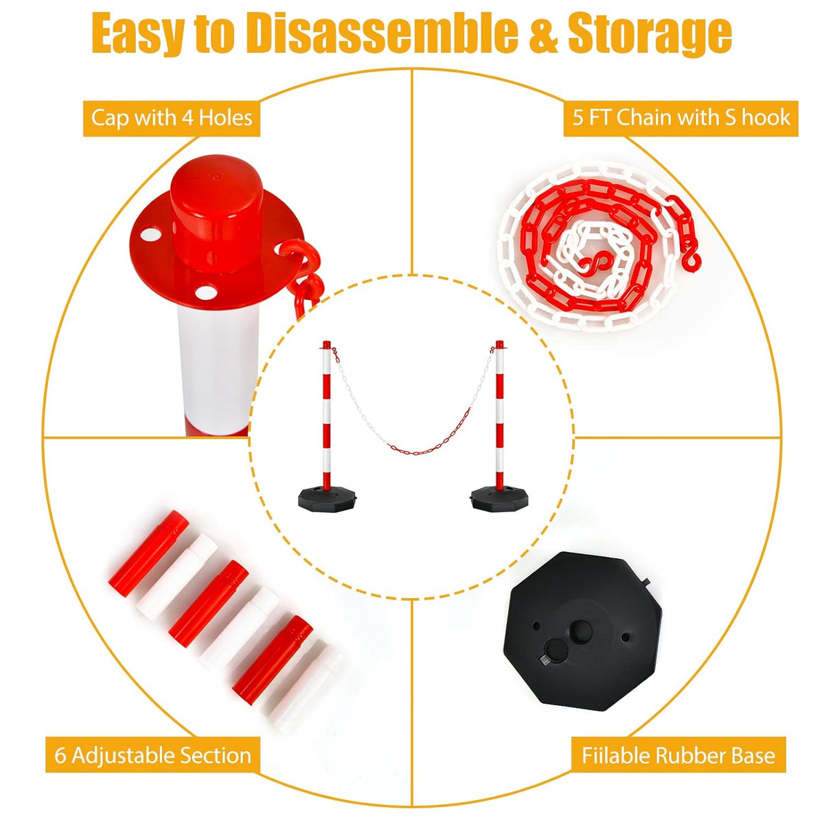 2 Pack Red & White Adjustable Delineator Post Traffic Cones with Fillable Base and 5FT Chains T463285