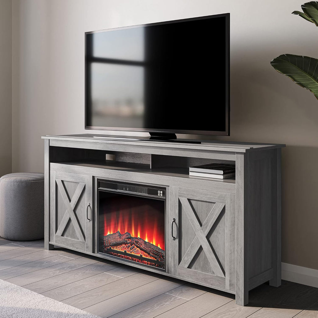 Wood TV Stand with Open Shelves and Cabinets D4426