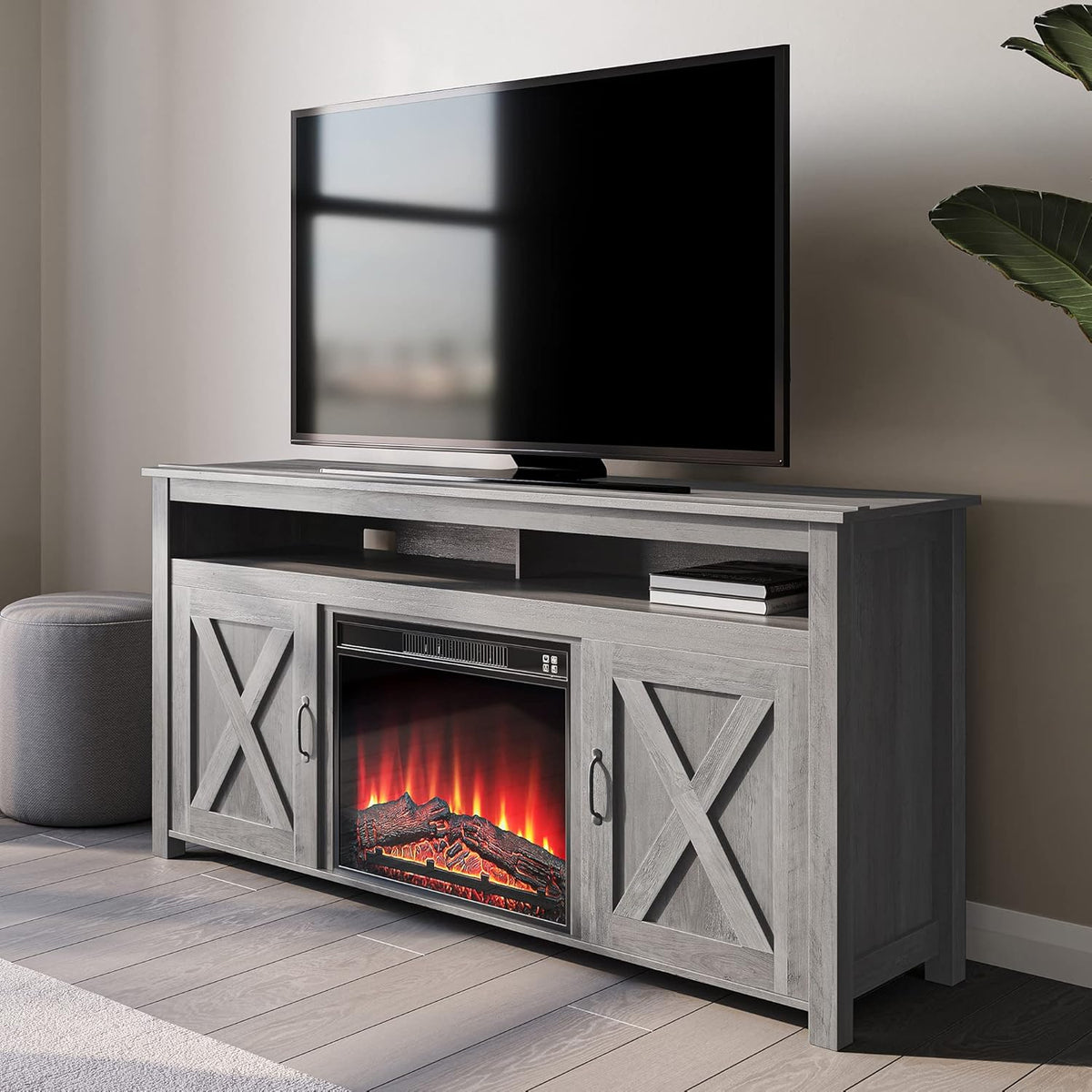 Wood TV Stand with Open Shelves and Cabinets D4426