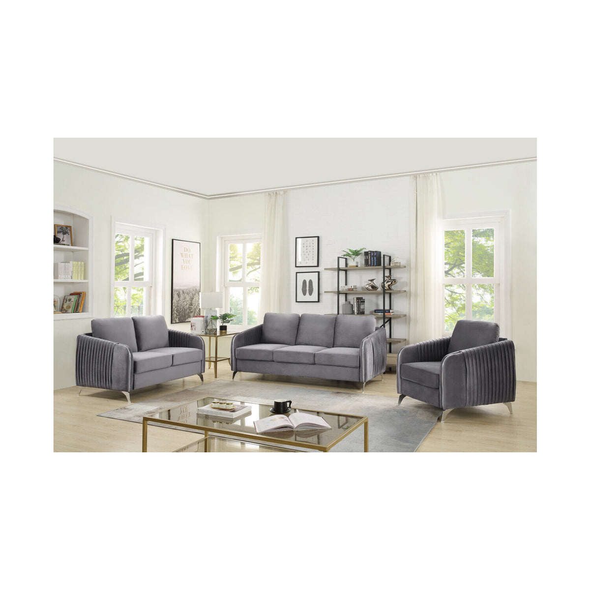 Black Velvet Fabric Sofa Loveseat Chair Set L45331