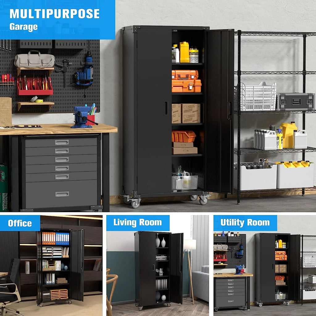 Metal Storage Cabinet with Lock, 72In Steel Storage Cabinet with Wheels, Black Y568464