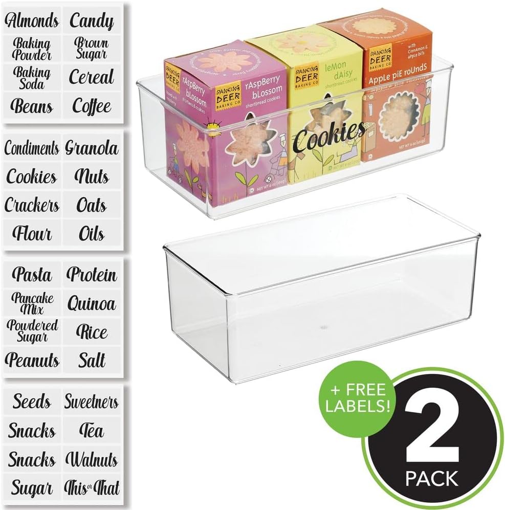 Deep Plastic Kitchen Storage Organizer Container Bin with 32 Pantry Identification Labels & Handles, 12 Long, Set of 2 Bins, Clear C35824
