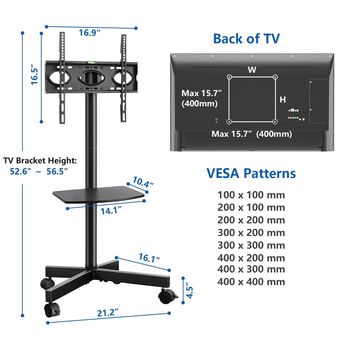 Black Rolling TV Stand for 32 to 60 inch Flat Panel TVs M7081