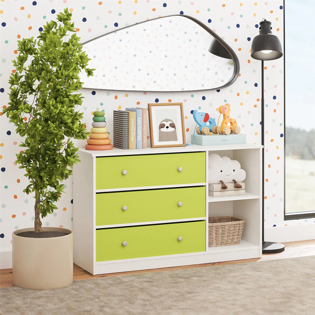 White Wide Dresser with 3 Fabric Bins N30046