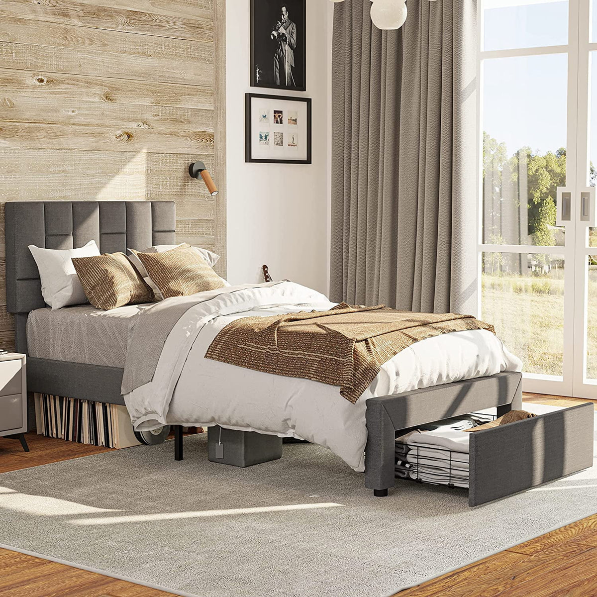 Grey Twin Bed Frame with Upholstered Headboard and Under-bed Drawer K65740