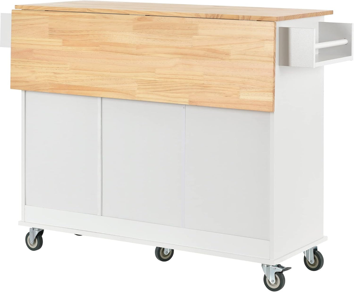 White Kitchen Island with 3 Drawers and Rolling Cart I6107