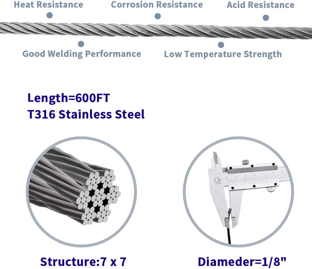 1/8 T316 Stainless Steel Cable with Cutter, 600FT 7 x 7 Strands Wire Rope G6946