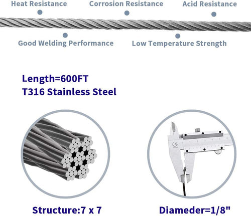 1/8 T316 Stainless Steel Cable with Cutter, 600FT 7 x 7 Strands Wire Rope G6946