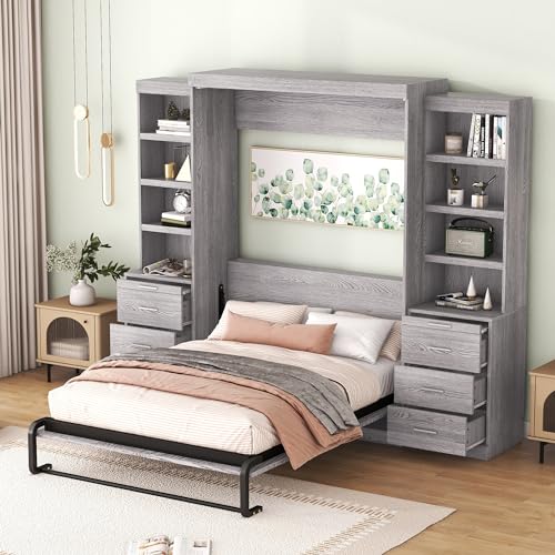 White+Walnut Queen Size Solid Pine Murphy Bed Chest with Storage Drawer M10157