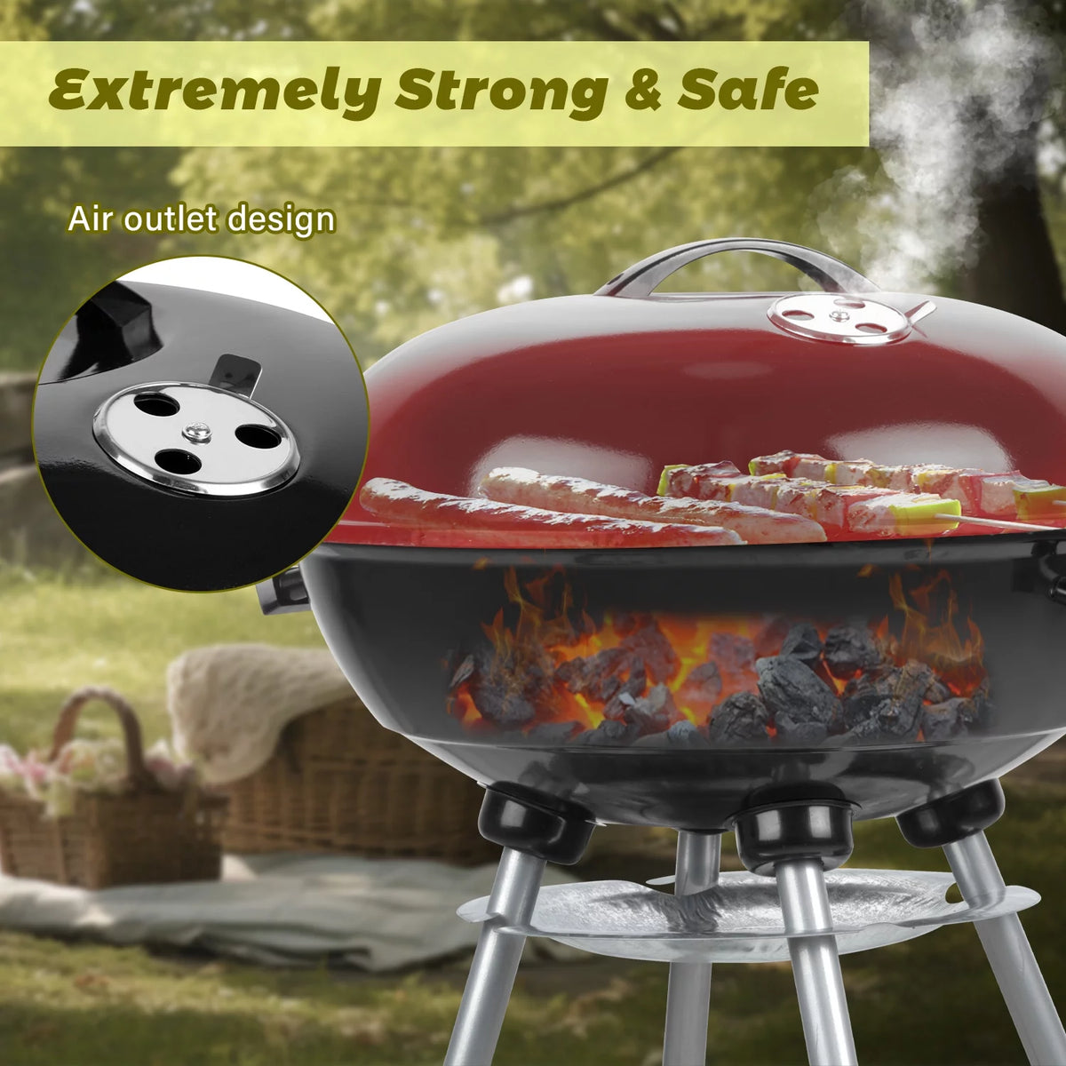 Charcoal Grills, Portable BBQ Kettle Grill, Heavy Duty Coal Grills, Black Y28892